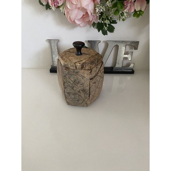 Hexagonal Stone Canister Lidded Container Trinket Box Port To Port Vintage Brown - Picture 16 of 16